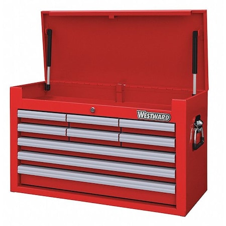 WESTWARD Top Chest, 9-Drawers, Powder Coated Red, 26" W x 12.5" D x 16.5" H