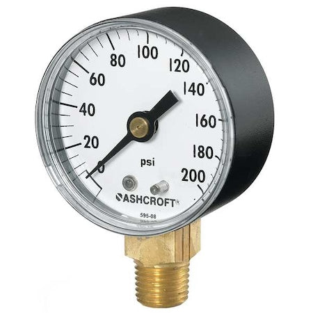 Industrial Pressure Gauge, 0 to 60 psi, 2 in Dial, 1/4 in NPT, Bottom Location