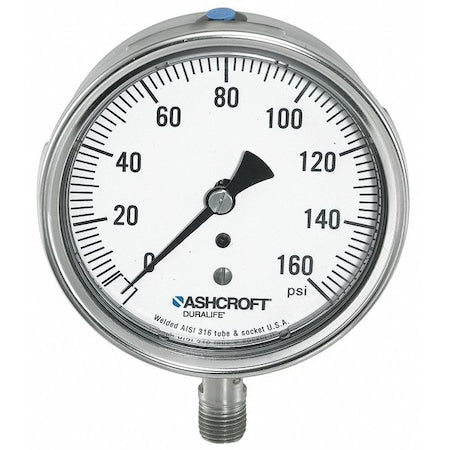 Industrial Pressure Gauge, 0 to 2,000 psi, 3 1/2 in Dial, 1/4 in NPT, Bottom Location