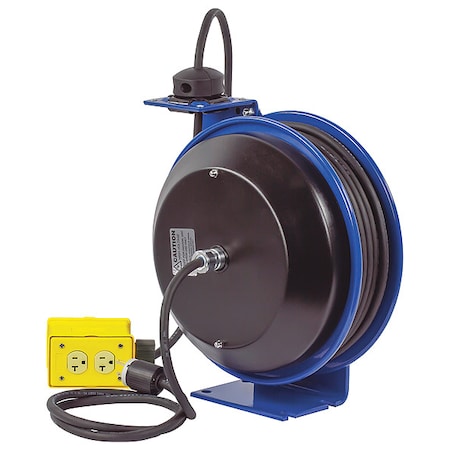Cord Reel, Spring Retracted, 12 AWG, Blue Reel Color, 35 ft Length, 4 Outlets