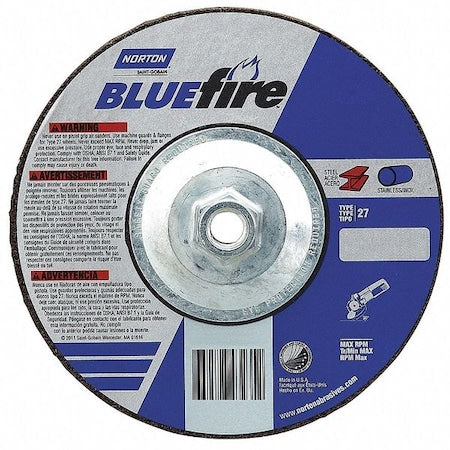 Depressed Center Grinding Wheel, Type 27, 4 1/2 in Dia, 0.25 in Thick, 5/8"-11 Arbor Hole Size