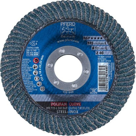 4-1/2" x 7/8" A.H. POLIFAN Flap Disc - Z SGP CURVE STEELOX, Zirconia, 40 Grit, Large Radius