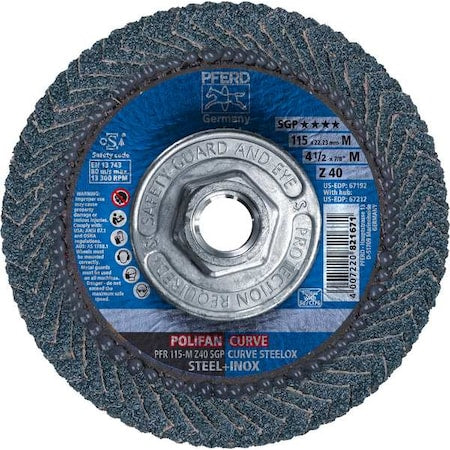 4-1/2" x 5/8-11 Thd. POLIFAN Flap Disc - Z SGP CURVE STEELOX, Zirconia, 40 Grit, Medium Radius