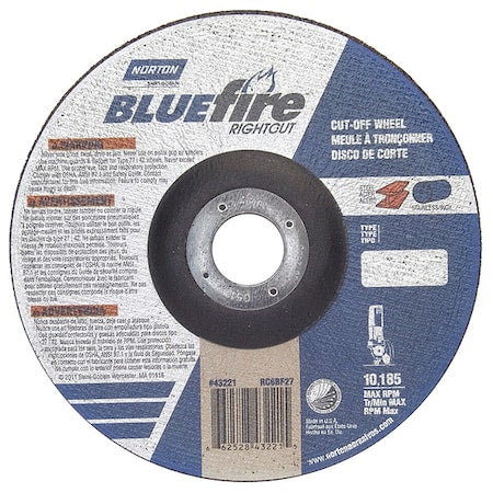 Depressed Center Cut-Off Wheel, Type 27, 6 in Dia, 0.0625 in Thick, 7/8 in Arbor Hole Size, 24 Grit