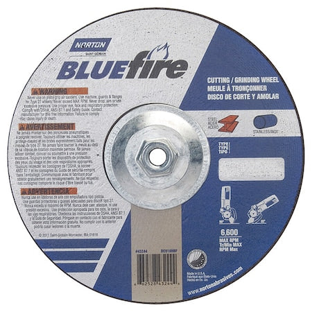 Cut-Off & Grinding Wheel, Type 27, 9 in Dia, 0.125 in Thick, 5/8"-11 Arbor Hole Size, 24 Grit