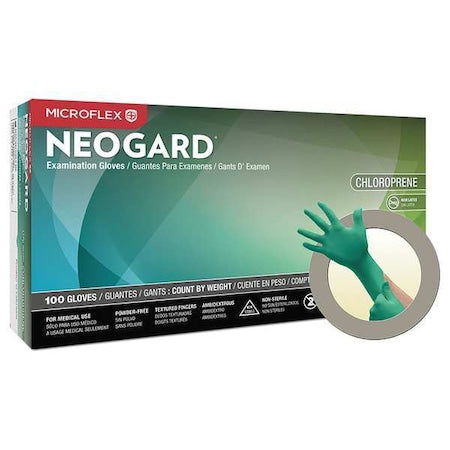 Microflex Neogard Disposable Gloves, Neoprene, 3.9 mil Palm, Powder-Free, L, Green, 100 PK