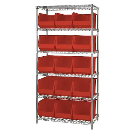 Steel Bin Shelving, 18 in D x 74 in H x 36 in W, 6 Shelves, Red