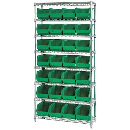 Steel, Polypropylene Bin Shelving, 12 in D x 74 in H x 36 in W, 8 Shelves, Green