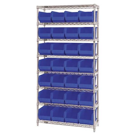 Steel, Polypropylene Bin Shelving, 14 in D x 74 in H x 36 in W, 8 Shelves, Blue