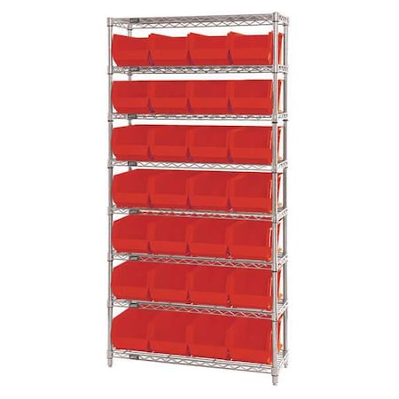 Steel, Polypropylene Bin Shelving, 14 in D x 74 in H x 36 in W, 8 Shelves, Red