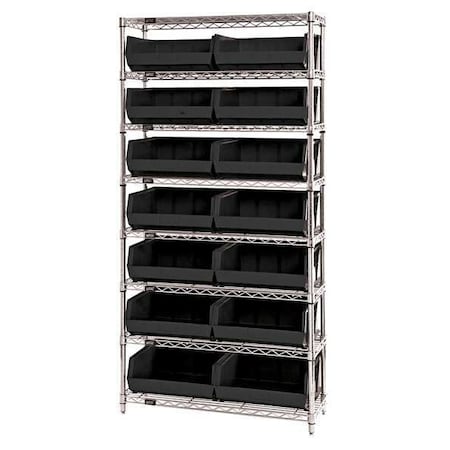 Steel, Polypropylene Bin Shelving, 14 in D x 74 in H x 36 in W, 8 Shelves, Black