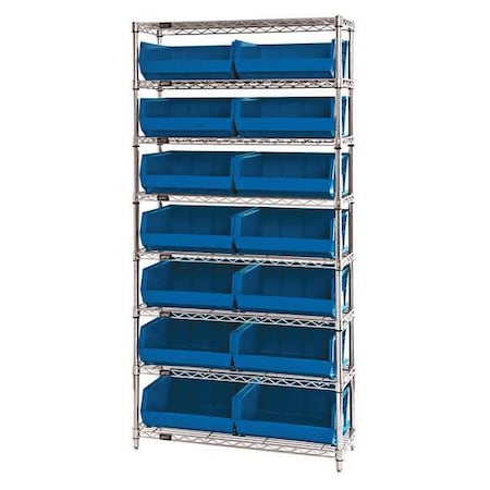 Steel, Polypropylene Bin Shelving, 14 in D x 74 in H x 36 in W, 8 Shelves, Blue
