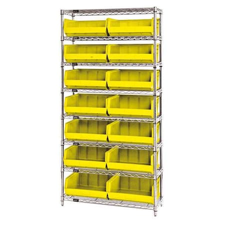 Steel, Polypropylene Bin Shelving, 14 in D x 74 in H x 36 in W, 8 Shelves, Yellow