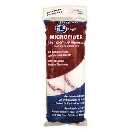 6-1/2" Paint Roller Cover, 1/2" Nap, Microfiber, 2 PK