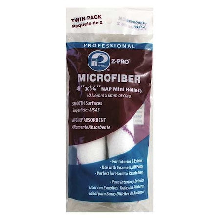 4" Paint Roller Cover, 1/4" Nap, Microfiber, 2 PK