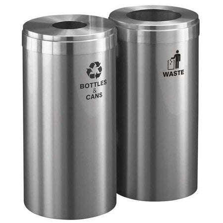 23 gal Round Recycling Bin, Open Top, Satin Aluminum, Aluminum, 2 Openings