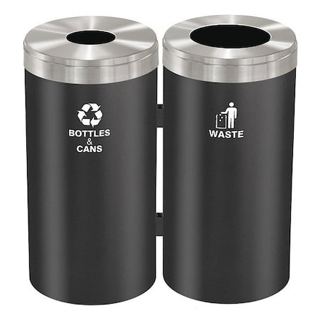 46 gal Round Recycling Bin, Open Top, Satin Black/Satin Aluminum, Steel, 2 Openings