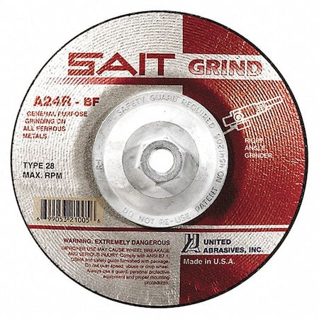 Depressed Center Grinding Wheel, Type 28, 7 in Dia, 0.25 in Thick, 5/8"-11 Arbor Hole Size, 24 Grit