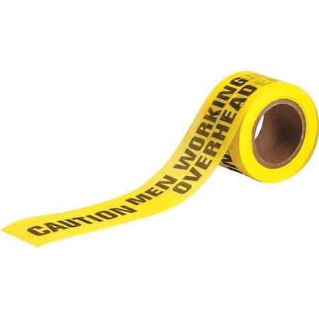 Barricade Tape, Caution Men Working Overhead, Yellow, 3 in Wide x 150 ft Length, Wood Fiber