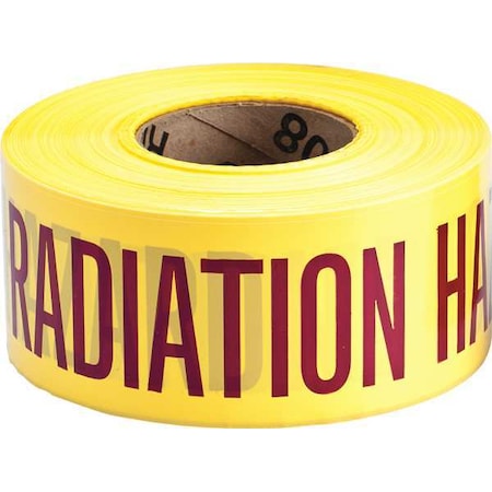 Barricade Tape, Caution Radiation Hazard, Yellow, 3 in Wide x 200 ft Length, Polyethylene, 3 mil
