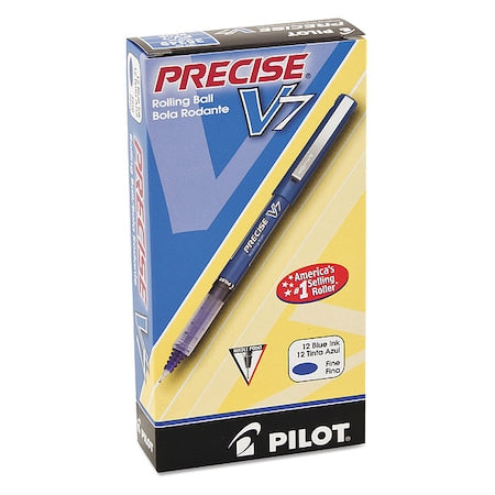 Precise V7 Rollerball Pen, Stick, Fine 0.7 mm, Blue Ink, Blue/Clear Barrel, PK12