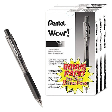 WOW! Ballpoint Pen Value Pack, Retractable, Medium 1 mm, Black Ink, Smoke/Black Barrel, PK36