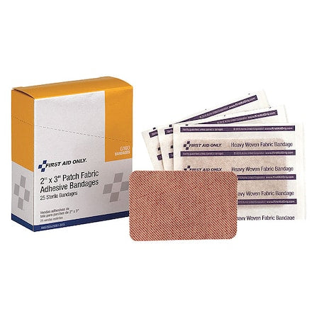 Adhesive Bandage, Patch Bandages, 2 in Wide, 3 in Length, Fabric, Not Metal Detectable, PK25