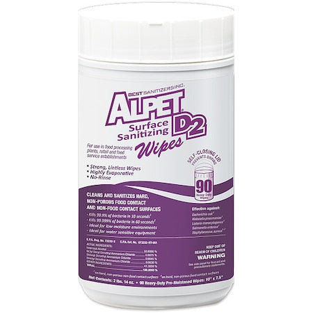 Alpet D2 Sanitizing Wipes, Canister, 10 in x 7 1/2 in, Unscented, 90 Wipes, PK6