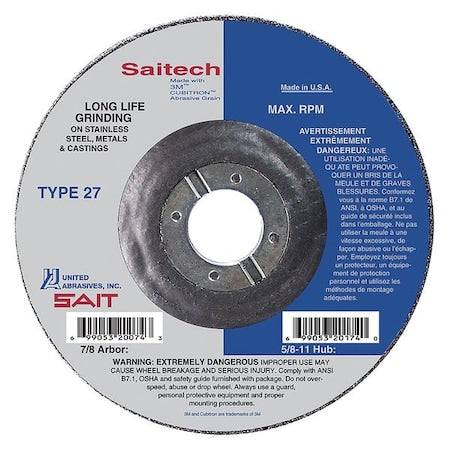 Cut-Off & Grinding Wheel, Type 27, 7 in Dia, 0.125 in Thick, 7/8 in Arbor Hole Size, Ceramic