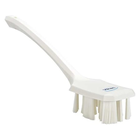 2 7/8 in W Scrub Brush, Stiff, 11 1/4 in L Handle, 4 3/4 in L Brush, White, Plastic