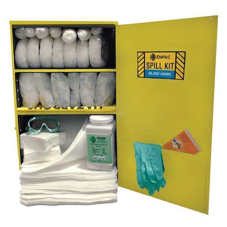 Spill Kit, 25 gal Capacity, Wall Mounted Cabinet, Yellow, 77