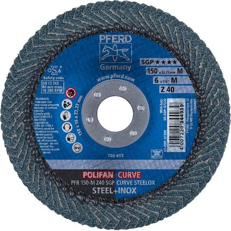 6" x 7/8" A.H. POLIFAN Flap Disc - Z SGP CURVE STEELOX, Zirconia, 40 Grit, Medium Radius