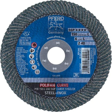 6" x 7/8" A.H. POLIFAN Flap Disc - Z SGP CURVE STEELOX, Zirconia, 40 Grit, Large Radius