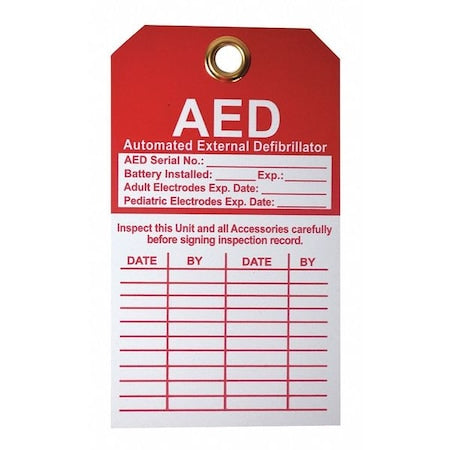 Tag, AED, Cardstock, 5 in H x 4 in W, White, Rectangle