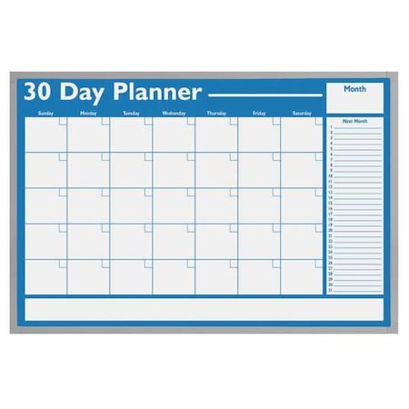 Calendar Planning Board, Plastic, 24 in, 36 in, Aluminum Frame, White/Blue, Gloss