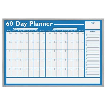 Calendar Planning Board, Plastic, 24 in, 36 in, Aluminum Frame, White/Blue, Gloss