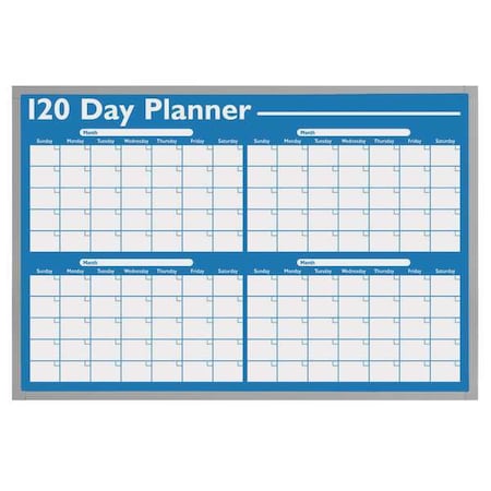 Calendar Planning Board, Plastic, 24 in, 36 in, Aluminum Frame, White/Blue, Gloss