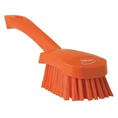3 in W Scrub Brush, Stiff, 5 57/64 in L Handle, 4 1/2 in L Brush, Orange, Plastic, 10 in L Overall