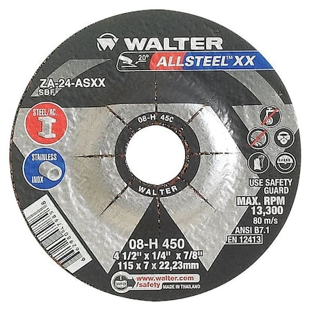 Depressed Center Grinding Wheel, Type 27, 4 1/2 in Dia, 0.25 in Thick, 7/8 in Arbor Hole Size