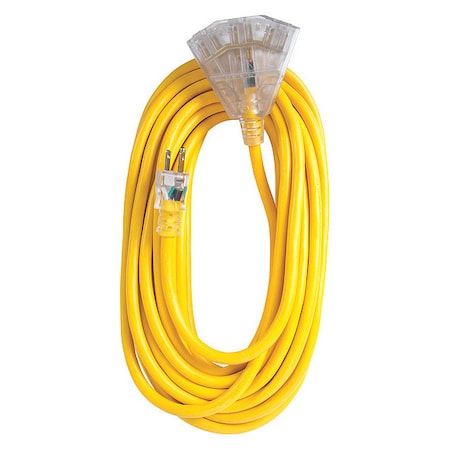 SJTW Extension Cord, 12 AWG, Outdoor, 12/3, 3 Outlets, Yellow, Vinyl, 50 ft