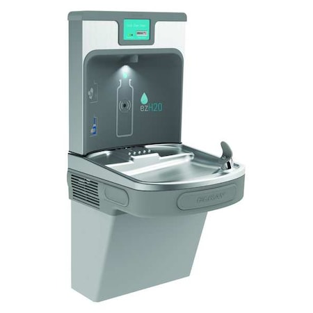Drinking Fountain W/ Bottle Filler, On-Wall, Filtered, Refrigerated, 39-1/2 in H, Gray