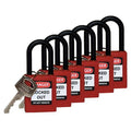 Lockout Padlock, Keyed Different, Nylon, Red, 1 1/2 in Shackle Height, 1 1/2 in Body Width, 6 PK