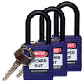 Lockout Padlock, Keyed Alike, Nylon, Purple, 1 1/2 in Shackle Height, 1 1/2 in Body Width, 3 PK