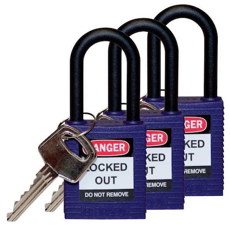 Lockout Padlock, Keyed Alike, Nylon, Purple, 1 1/2 in Shackle Height, 1 1/2 in Body Width, 3 PK
