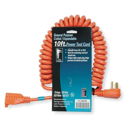 SJT Coiled Extension Cord, 16 AWG, 16/3, Orange, PVC, NEMA 5-15P, 10 ft