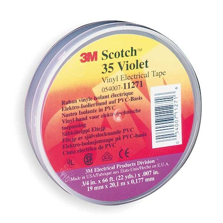 Vinyl Electrical Tape, 35, Scotch, 3/4 in W x 66 ft L, 7 mil Thick, Violet