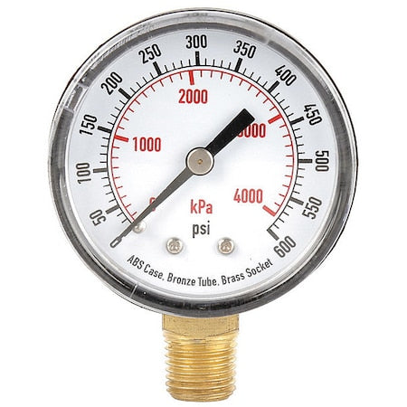 Pressure Gauge, 0 to 600 psi, 2 in Dial, 1/4 in BSPT Bottom Location, ABS Plastic Case Material