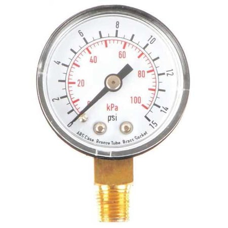 Commercial Pressure Gauge, 0 to 15 psi, 1 1/2 in Dial, 1/8 in NPT, Bottom Location