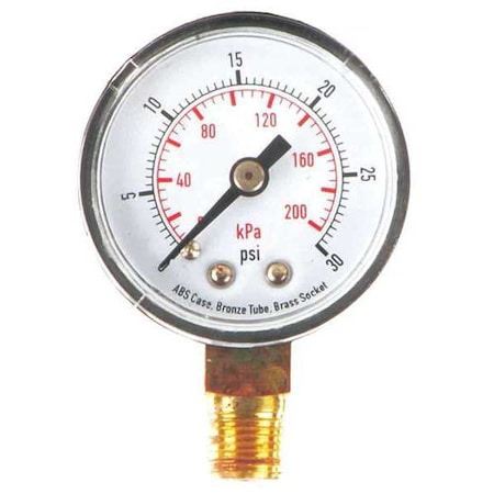 Commercial Pressure Gauge, 0 to 30 psi, 1 1/2 in Dial, 1/8 in NPT, Bottom Location