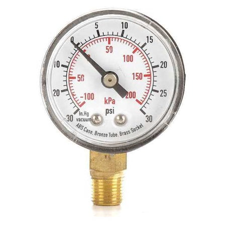 Commercial Compound Gauge, 30 to 0 to 30 psi, 1 1/2 in Dial, 1/8 in NPT, Bottom Location